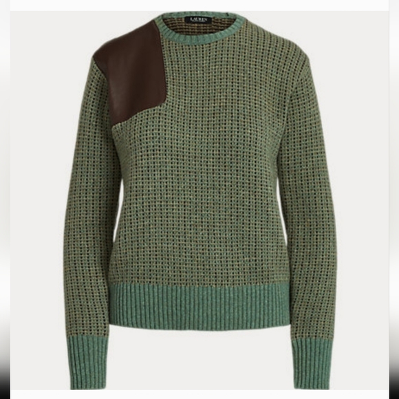 NWT Lauren Ralph Lauren Faux-Leather-Trim Wool-Blend Sweater Xlarge - Picture 4 of 7